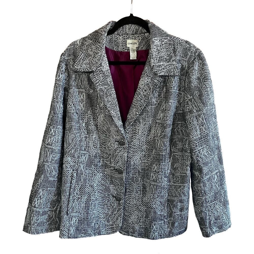 Chicos Size 3 Black White Blazer Jacket Metallic Accents‎ XL (J-276)
